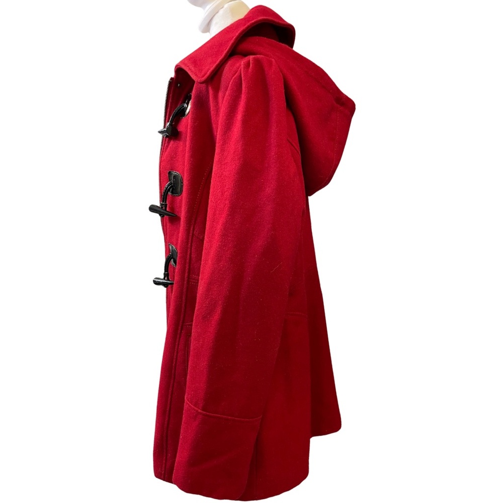 GUESS RED L Wool Blend Duffle Coat Detachable Hood Toggle Jacket Patton Loops - Picture 9 of 16